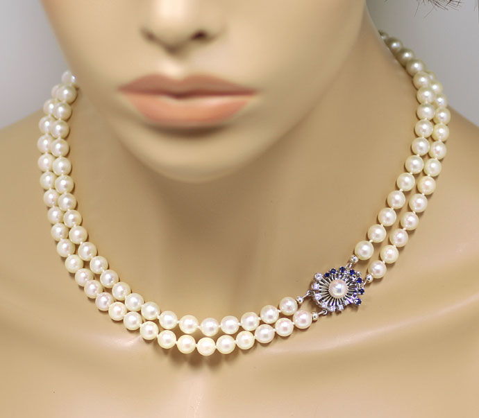 Foto 5 - 2 reihiges Perlen Collier Brillanten Saphire Verschluss, S9406